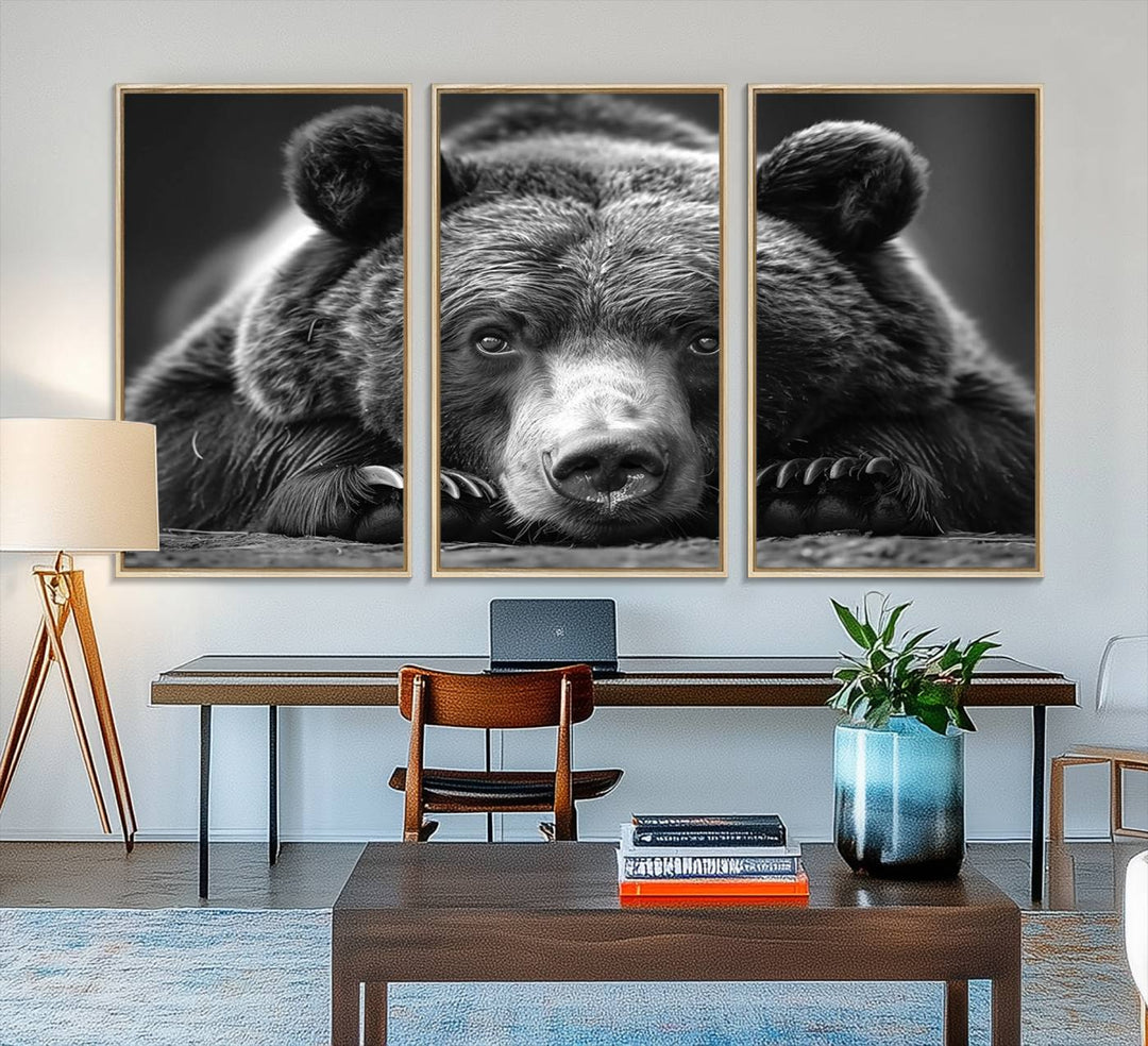 A black and white canvas print titled Resting Grizzly 399 Bear is displayed prominently.