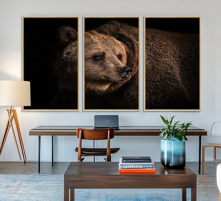 The Wild Grizzly 399 Bear Canvas Wall Art Print enhances modern living rooms with its neutral color palette.