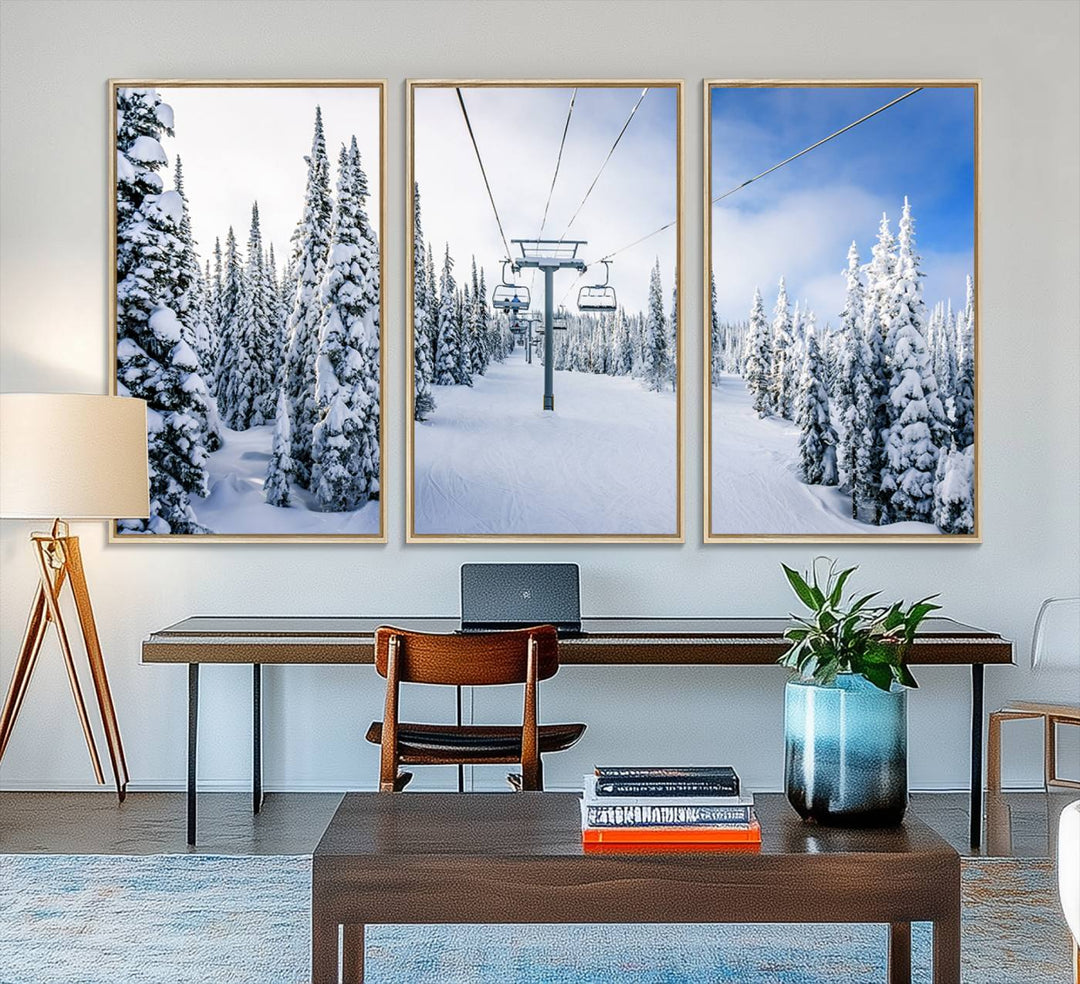 Winter Ski Lift Wall Art Print: Snowy Mountain Adventure, ideal for cabin or farmhouse decor under a clear blue sky.