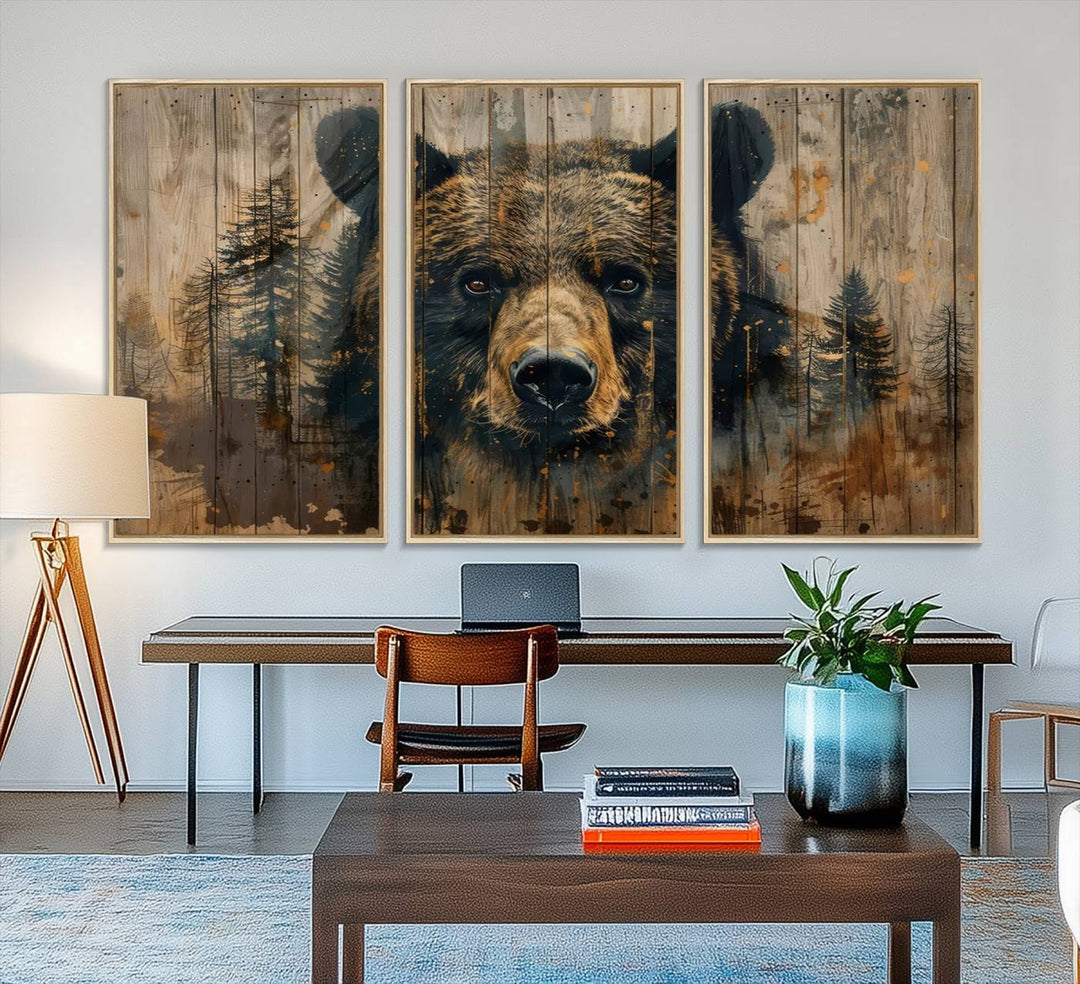 Abstract 399 Bear Wall Art showcases a bears face intertwined with forest trees, ideal for enhancing rustic lodge, cabin, or barn decor.