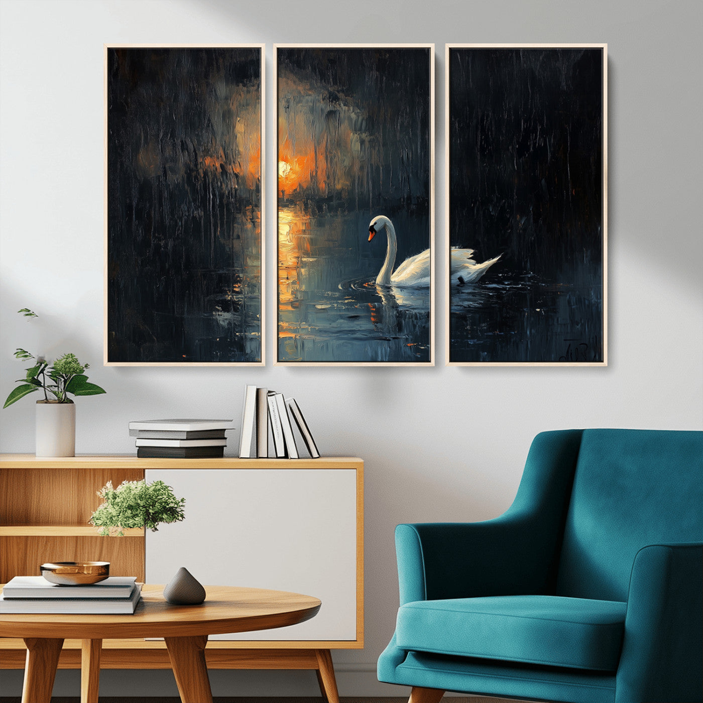 MGV-FC-48X32-3P - Abstract Swan on Water Wall Art Canvas Print - Elegant Nature Scene for Modern Home Decor