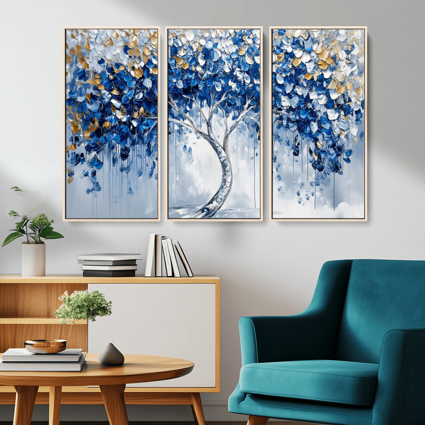 MGV-FC-48X32-3P - Blue and Gold Abstract Tree Wall Art Canvas Print | Modern Tree of Life Painting | Framed Canvas