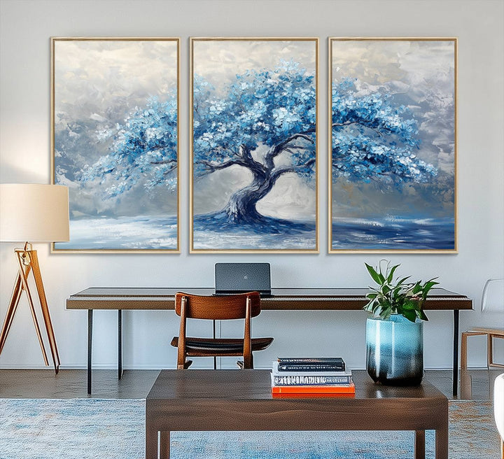 Abstract Blue Tree Art Print featuring textured blues and grays, perfect for farmhouse decor.