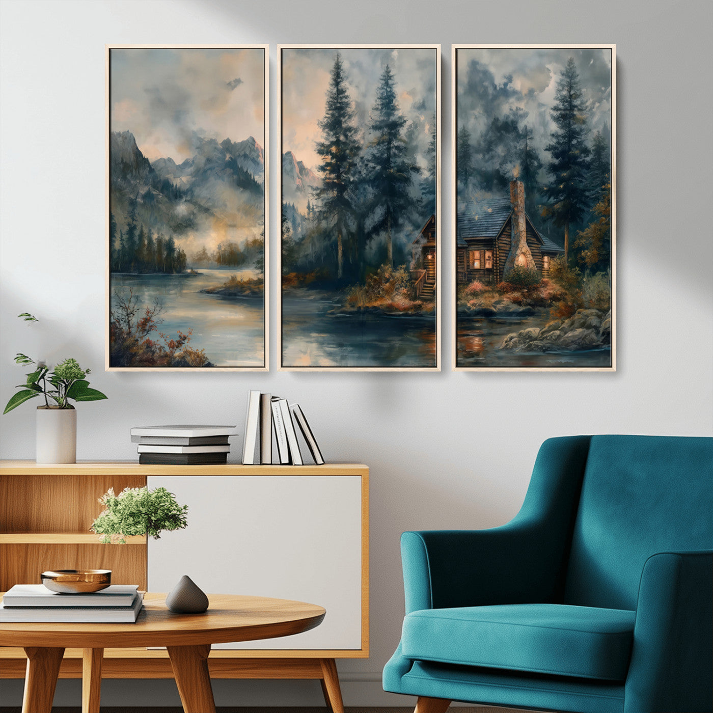 MGV-FC-48X32-3P - Rustic Cabin Woods Wall Art Print | Lake in a Forest Canvas Print | Cabin, Lodge, and Farmhouse