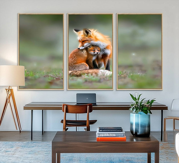 Heartwarming Fox and Baby Cub Wall Art - ready to hang, ideal for animal lovers, rustic decor, and cabin wall art.