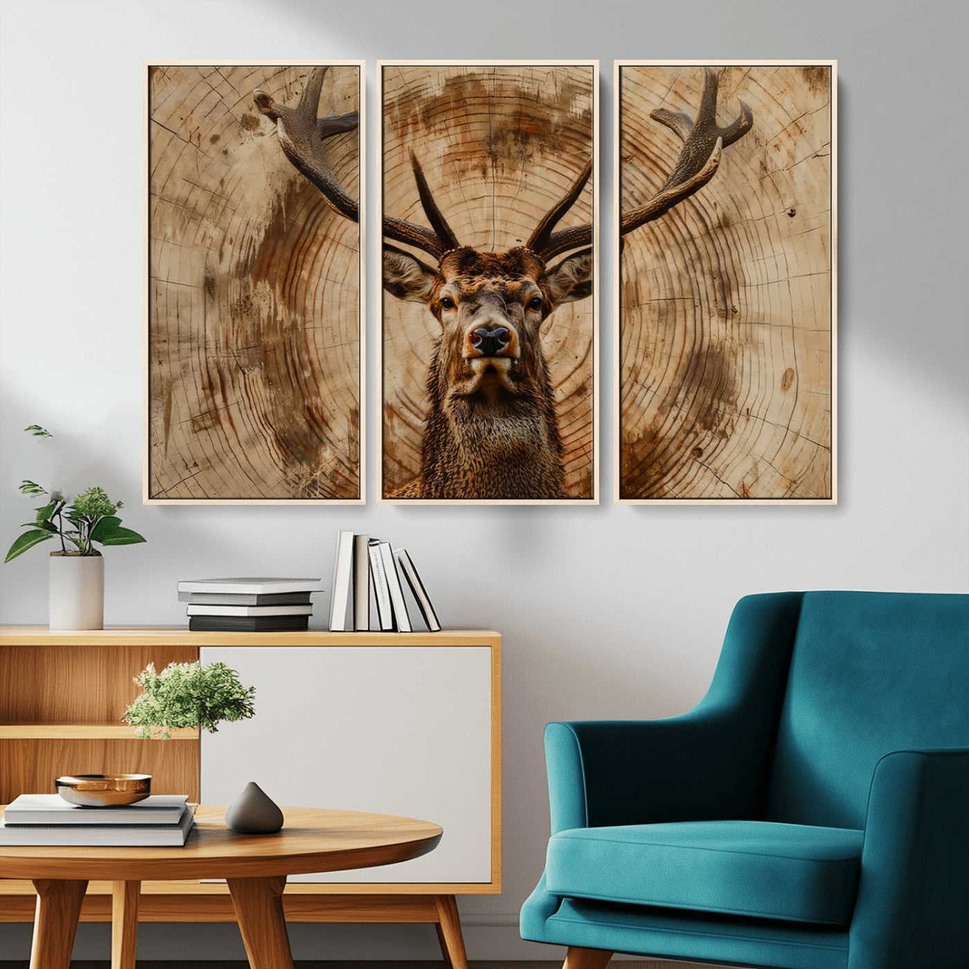 MGV-FC-48X32-3P - Wood Abstract Deer Wall Art | Rustic Wildlife Canvas Print | Ready to Hang Stag Head Triptych for