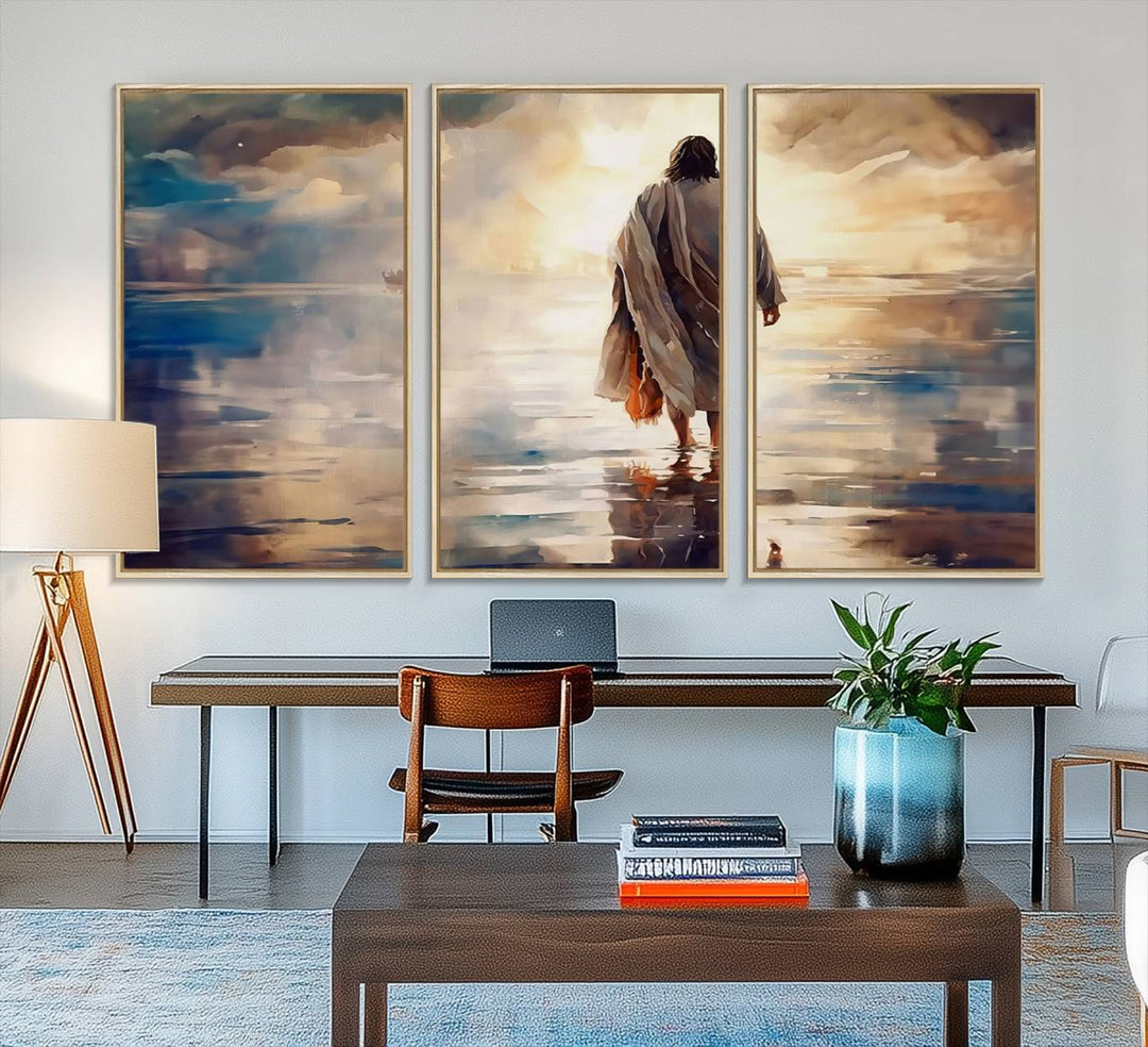 The wall art depicts a robed figure walking on water towards a boat, framed by a stunning sunset. This is showcased in the Jesus Walking on Water Triptych Canvas Print.