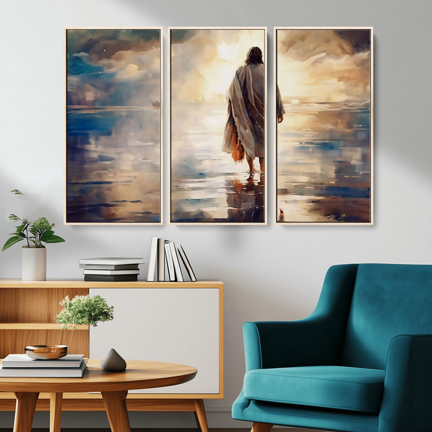 MGV-FC-48X32-3P - Jesus Walking on Water Wall Art | Ready to Hang Spiritual Triptych Canvas Print | Inspirational