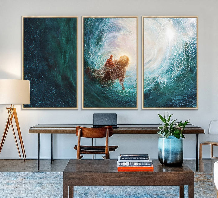 A swimmer heads towards light in an ethereal vortex on the Powerful Jesus Canvas Print - Hand of Salvation, Inspirational Wall Art.