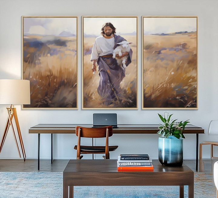 A canvas art piece depicts a bearded man carrying a lamb in a field, reminiscent of Jesus the Good Shepherd, ideal for prayer room decor.