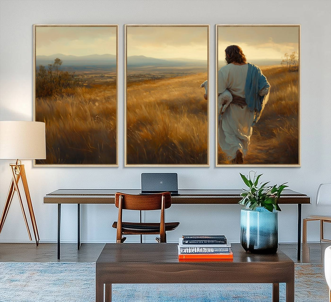 The wall art, titled Jesus the Good Shepherd, depicts a golden field at sunset.