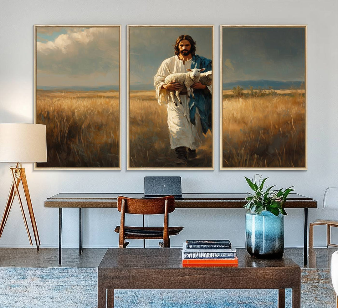 This Jesus Shepherd Wall Art depicts a figure in a white robe carrying a lamb, making it an ideal piece of Christian decor for your home.