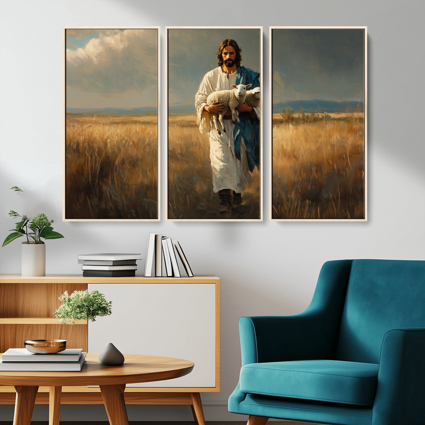 MGV-FC-48X32-3P - Jesus Shepherd Wall Art | Ready to Hang Triptych Canvas of Jesus Holding a Lamb in a Field |