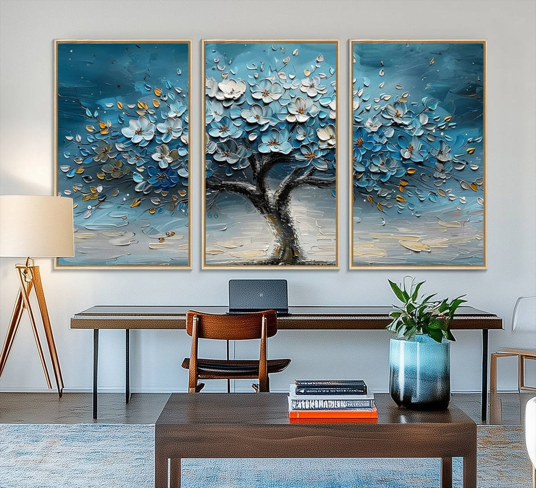 Abstract Blooming Tree Wall Art Print features blue, white, and gold textures on museum-quality canvas, perfect for modern decor.