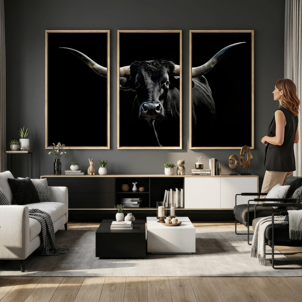 20679-MGV-CV-24X16 - Texas Black Longhorn Bull Wall Art Canvas Print, Western Cattle Rustic Decor
