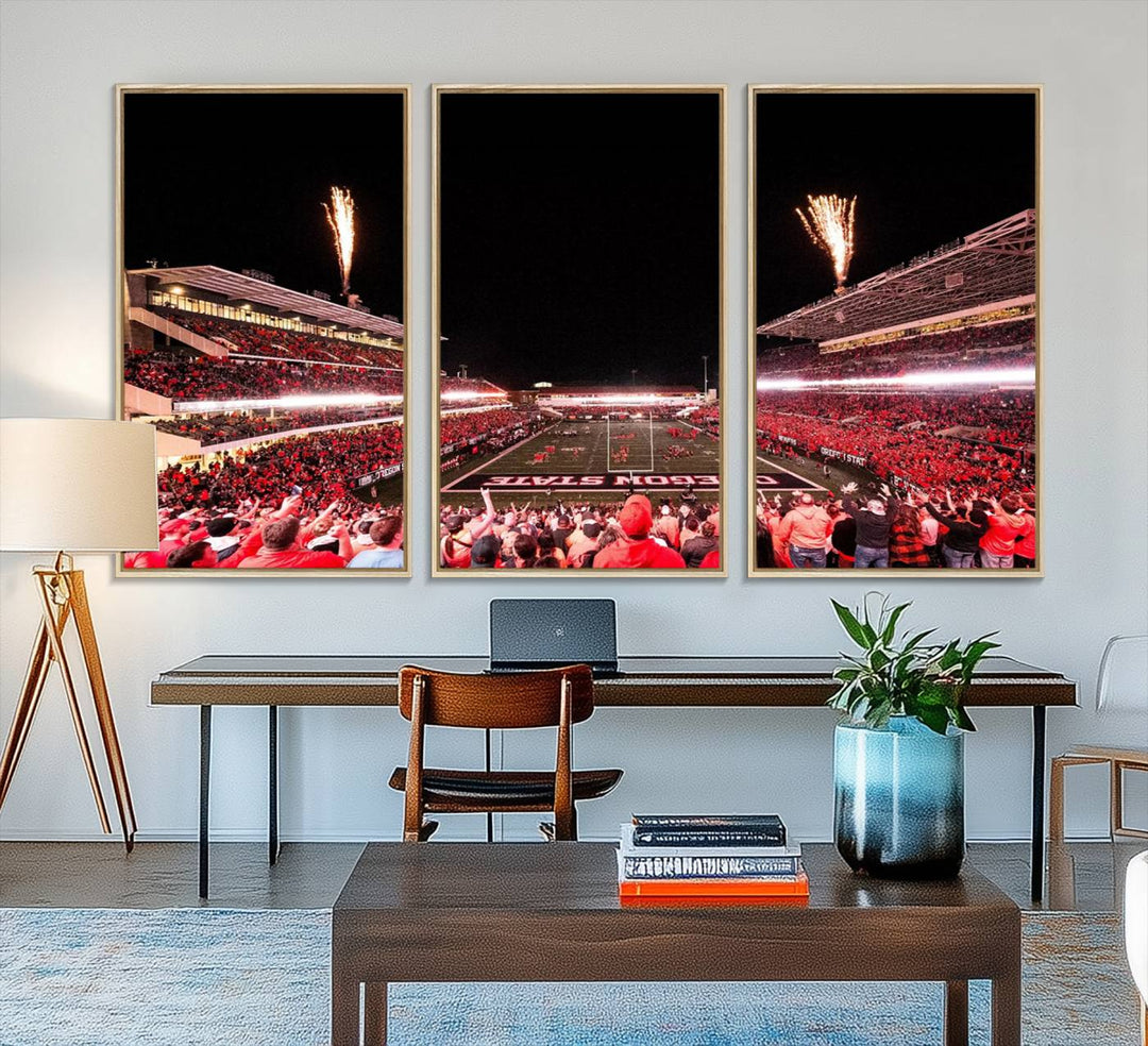 At Corvallis Reser Stadium, vibrant wall art captures the spirit of Oregon State Beavers football against a backdrop of a fireworks-lit night sky.