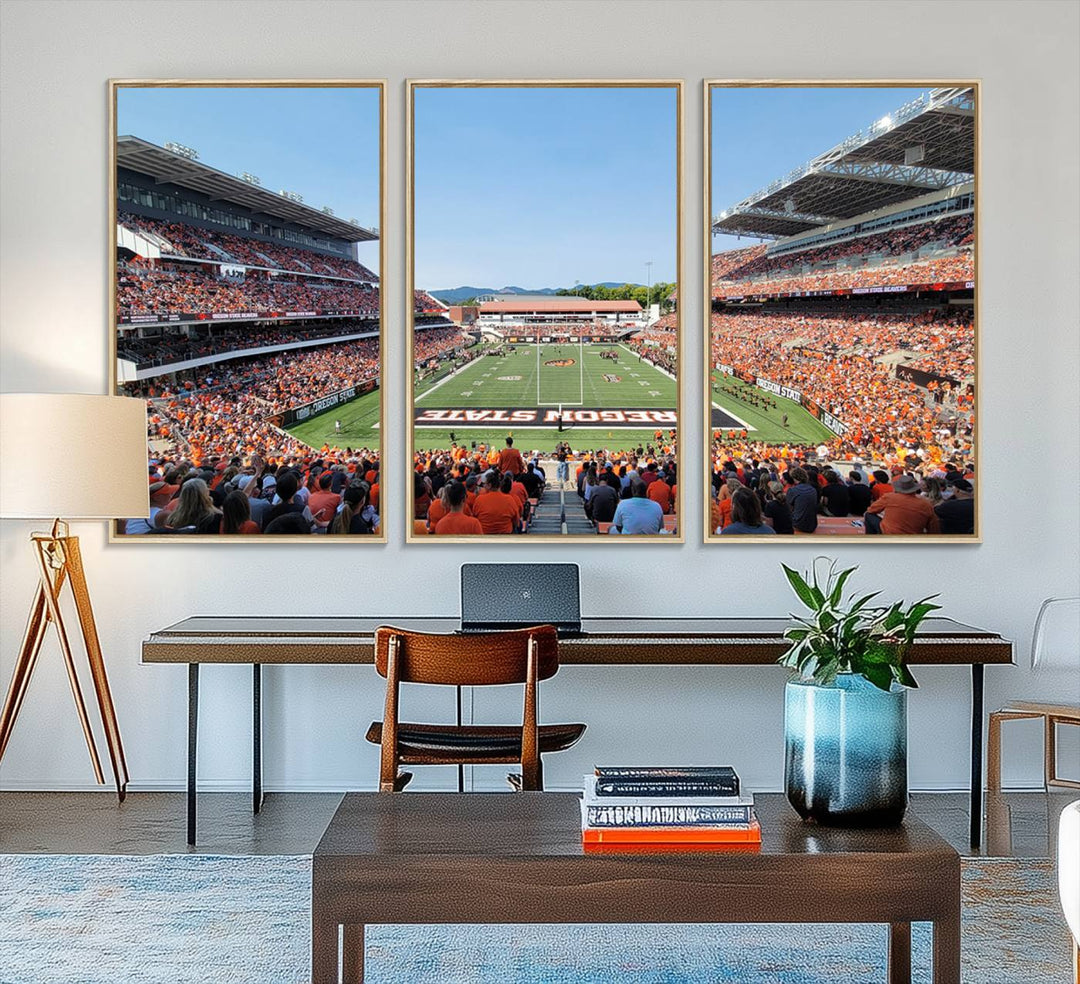 Wide-angle view of Corvallis Reser Stadium with Oregon State field, depicted in Beavers team print canvas art.