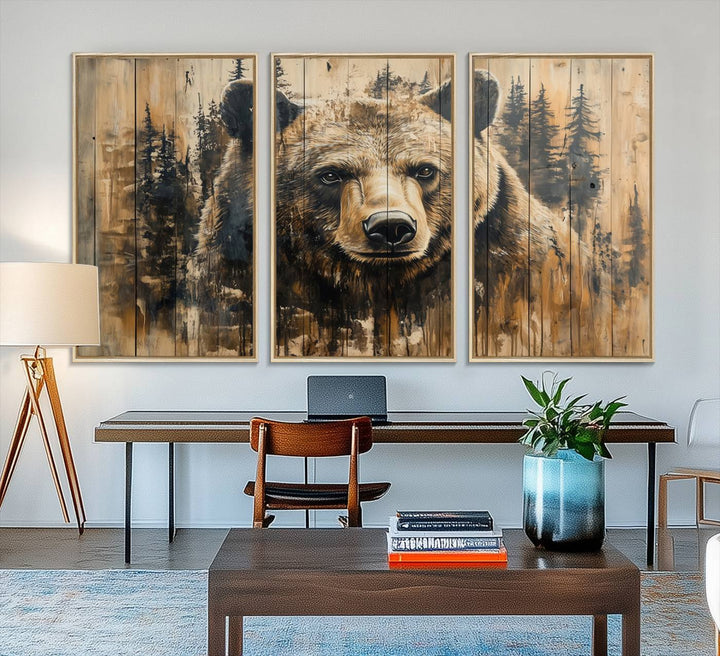 Majestic Grizzly 399 Bear 3-panel rustic canvas print with woodland theme.