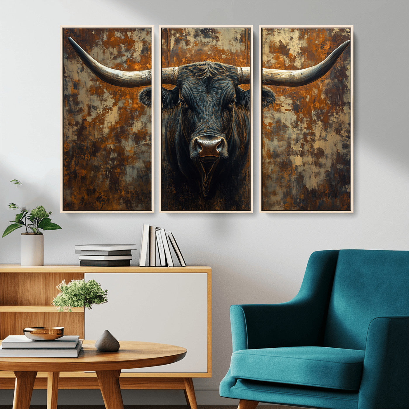 MGV-FC-48X32-3P - Longhorn Texas Cow Bull Wall Art | Rustic Farmhouse Canvas Print | Ready to Hang Barn Decor for