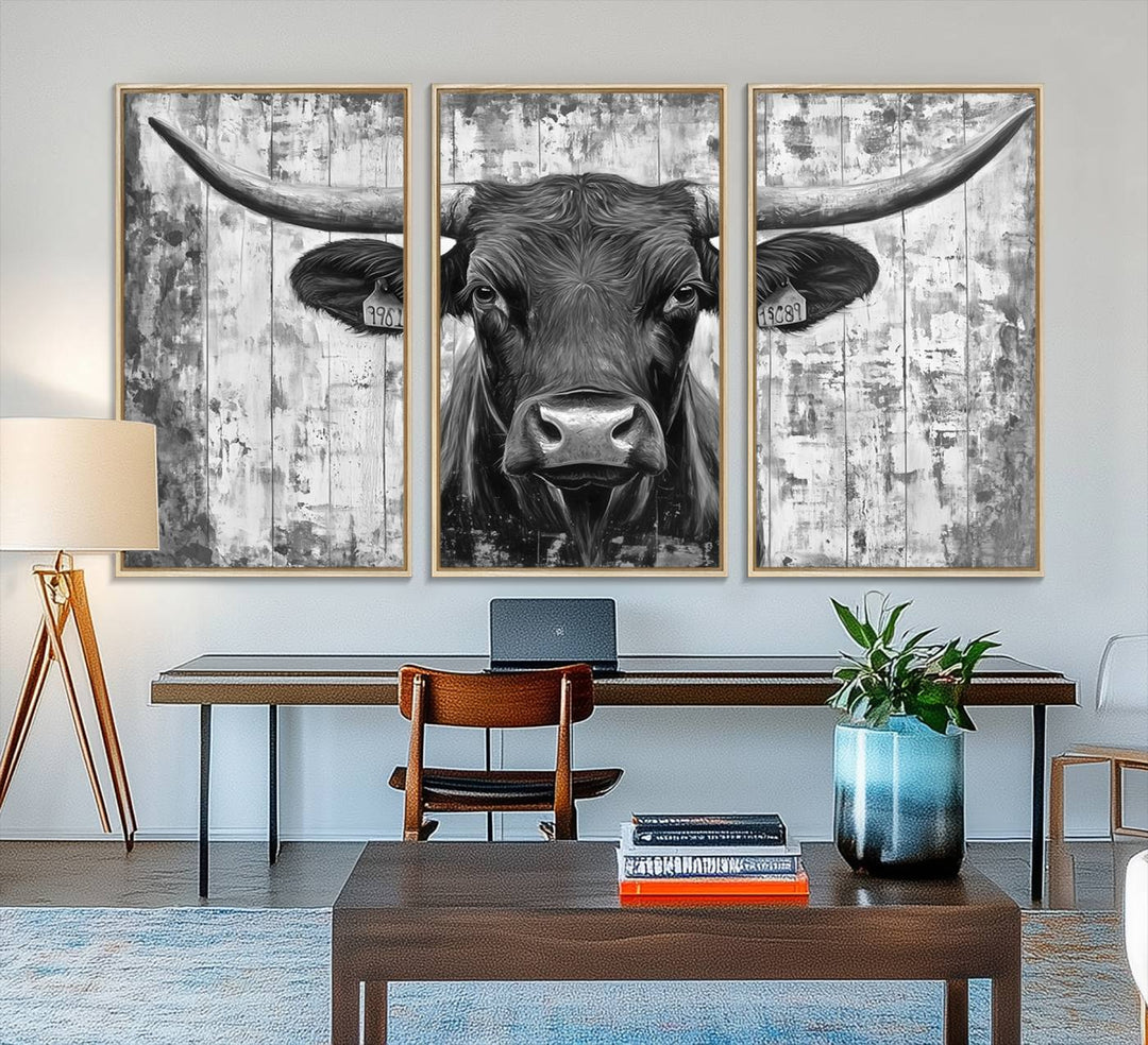 Abstract Longhorn Bull canvas print, featuring rustic Texas-themed wall art on a wooden background, ideal for Western decor.