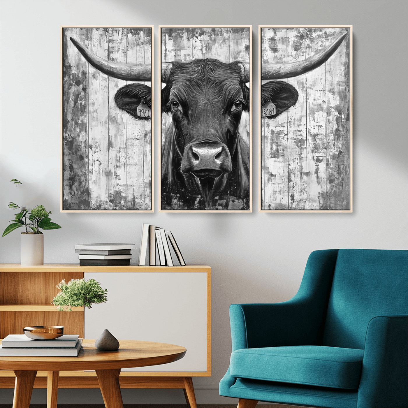 MGV-FC-48X32-3P - Abstract Longhorn Bull Wall Art Canvas Print - Rustic Texas Western Cow Artwork
