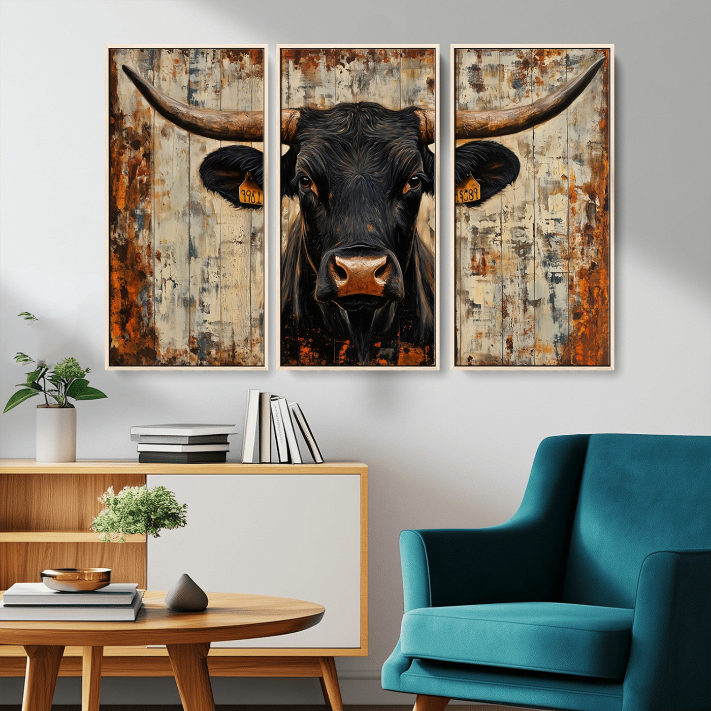 MGV-FC-48X32-3P - Rustic Texas Artwork Wall Art Canvas Print - Abstract Cow Longhorn Bull Wall Art Canvas Print