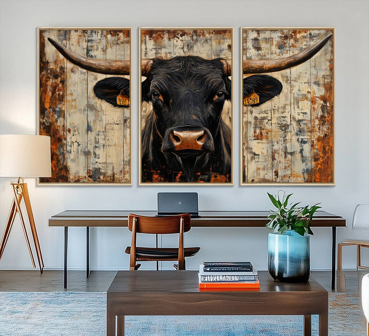 Black bull painting with horns and ear tags, ideal for rustic Texas decor - Abstract Cow Longhorn Bull Canvas Print.