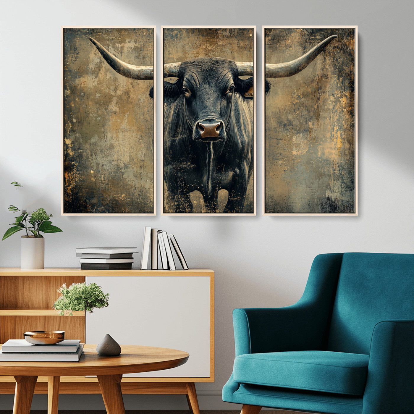 MGV-FC-48X32-3P - Longhorn Bull Wall Art Canvas Print, Framed Rustic Cow Art Picture Print, Texas Longhorn Perfect Western Decor Artwork
