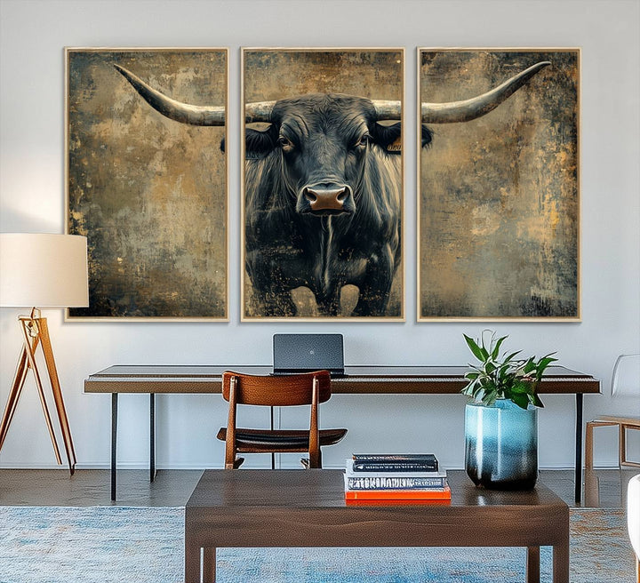 The Longhorn Bull Canvas Print features a bull with prominent horns facing forward, depicted in abstract Texas Western art style.