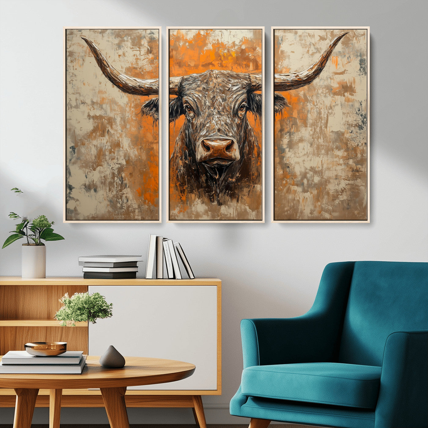 MGV-FC-48X32-3P - Abstract Cow Longhorn Bull Wall Art Canvas Print - Rustic Texas Western Cattle Artwork