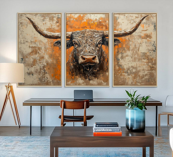 Abstract Cow Longhorn Bull Wall Art presents a detailed face centered on a textured orange and beige background.