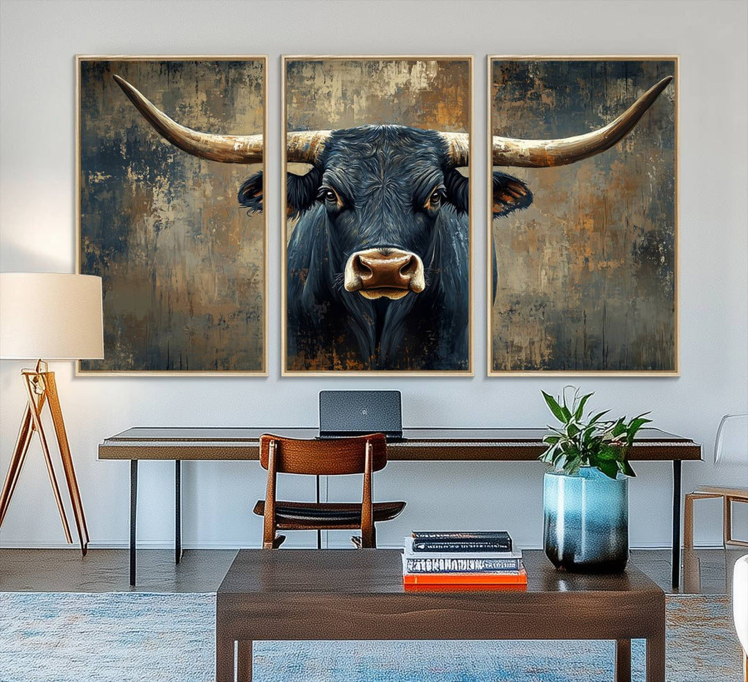 The Texas Western Wall Art Canvas Print showcases a Longhorn Bull set against an abstract brown and gray backdrop, making it perfect for rustic decor.