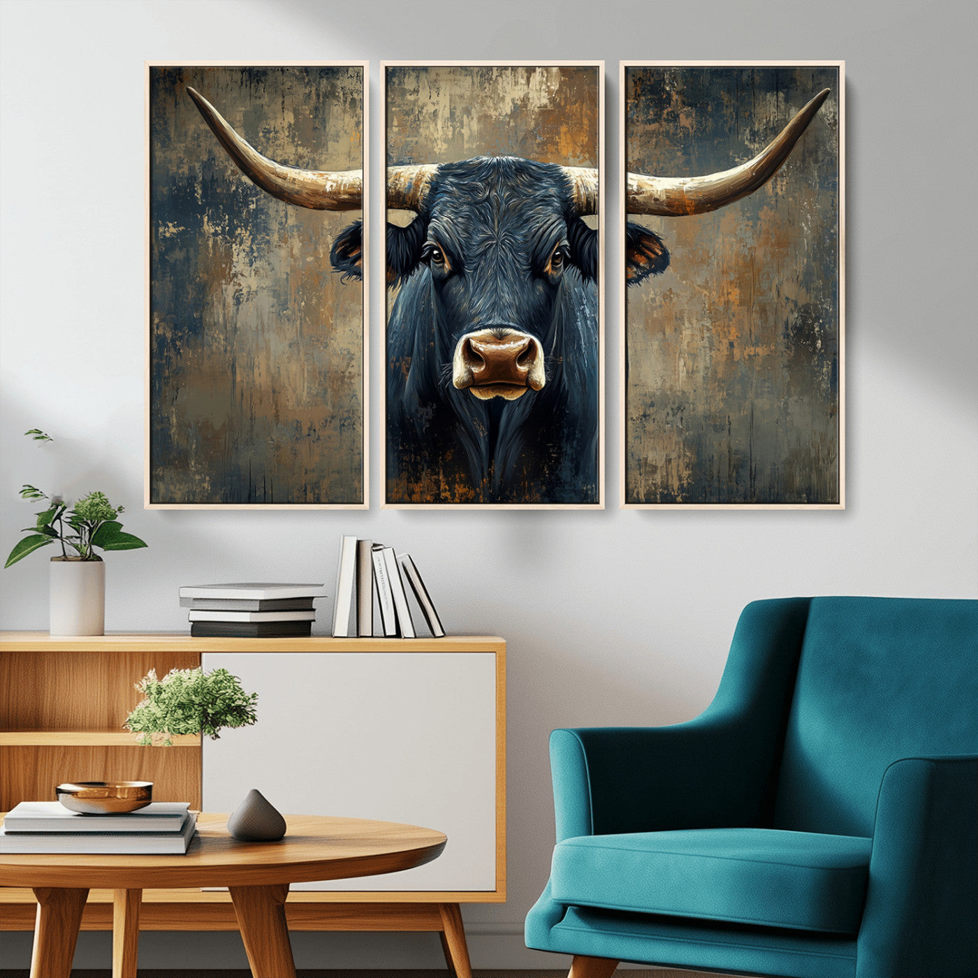 MGV-FC-48X32-3P - Texas Western Wall Art Canvas Print - Abstract Cow Longhorn Bull Wall Art Canvas Print - Rustic Cow