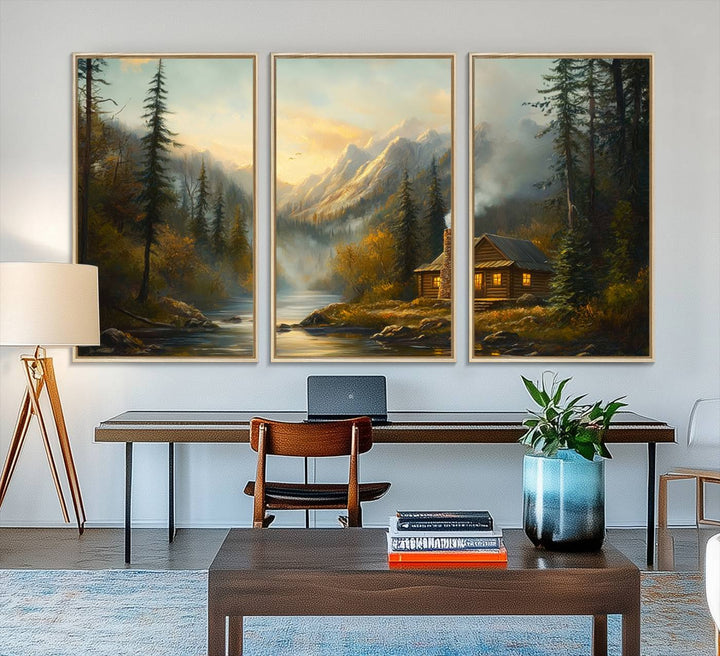 A cozy Wood Cabin Retreat Mountain at Sunset Wall Art features a serene forest and river landscape with smoke rising on a canvas print.