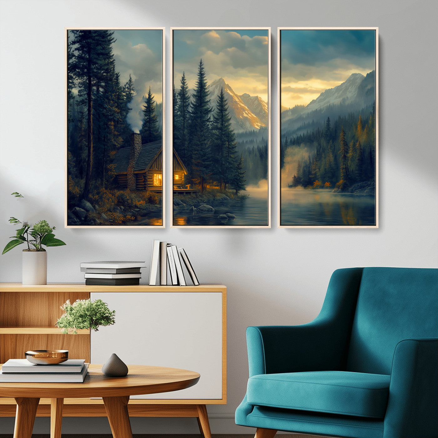 MGV-FC-48X32-3P - Mountain Cabin by the Lake at Sunset Wall Art - Serene Nature Canvas Print for Living Room Decor,