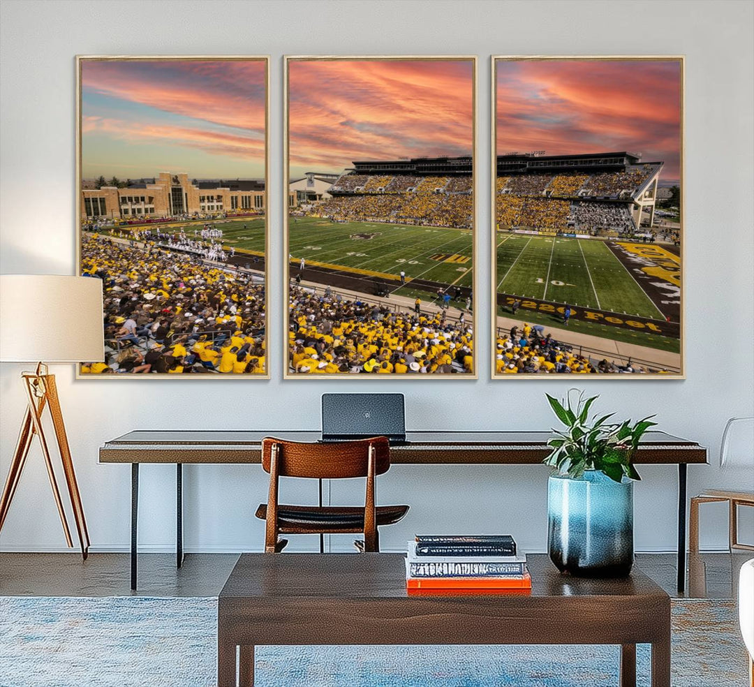 Capture the essence of a packed War Memorial Stadium at sunset with the Cowboys Football Canvas Print, highlighting fans cheering in yellow.