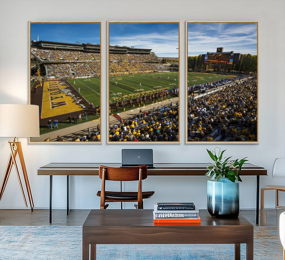 Canvas Wall Art Print: University of Wyoming Cowboys action at Jonah Field War Memorial Stadium under a sunny blue sky.