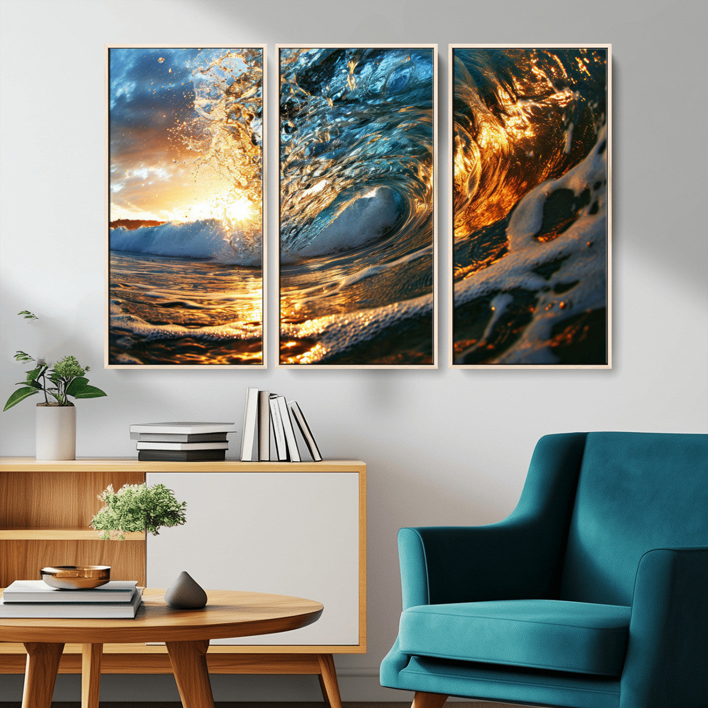 MGV-FC-48X32-3P - Ocean Wave at Sunset Canvas Wall Art – Vibrant Coastal Beach Waves Print, Large Nautical Decor,