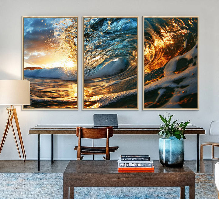 The Ocean Wave at Sunset canvas captures fiery waves with golden and blue hues, making it a perfect addition to nautical-themed decor.