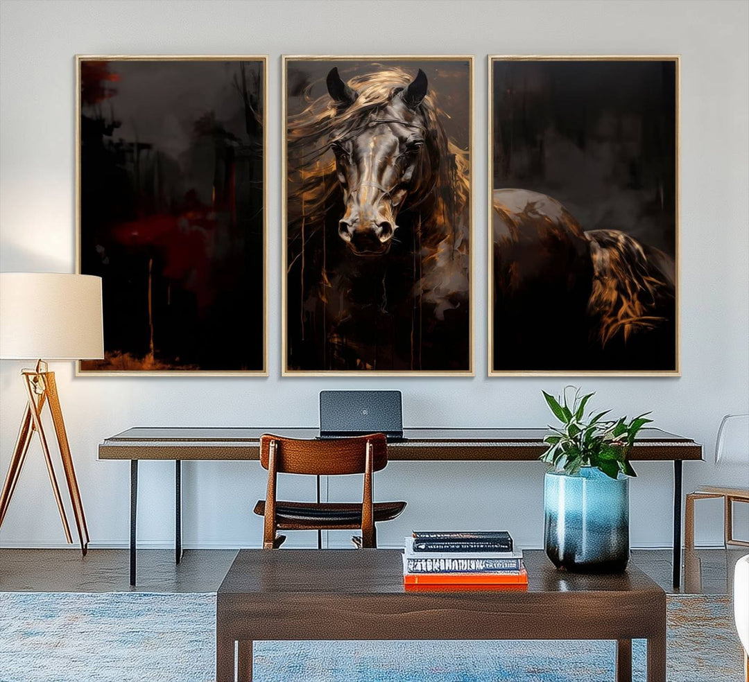 Abstract Black Horse Canvas Print – Featuring an equine spirit with a flowing mane on a dark background, perfect as farmhouse wall art.