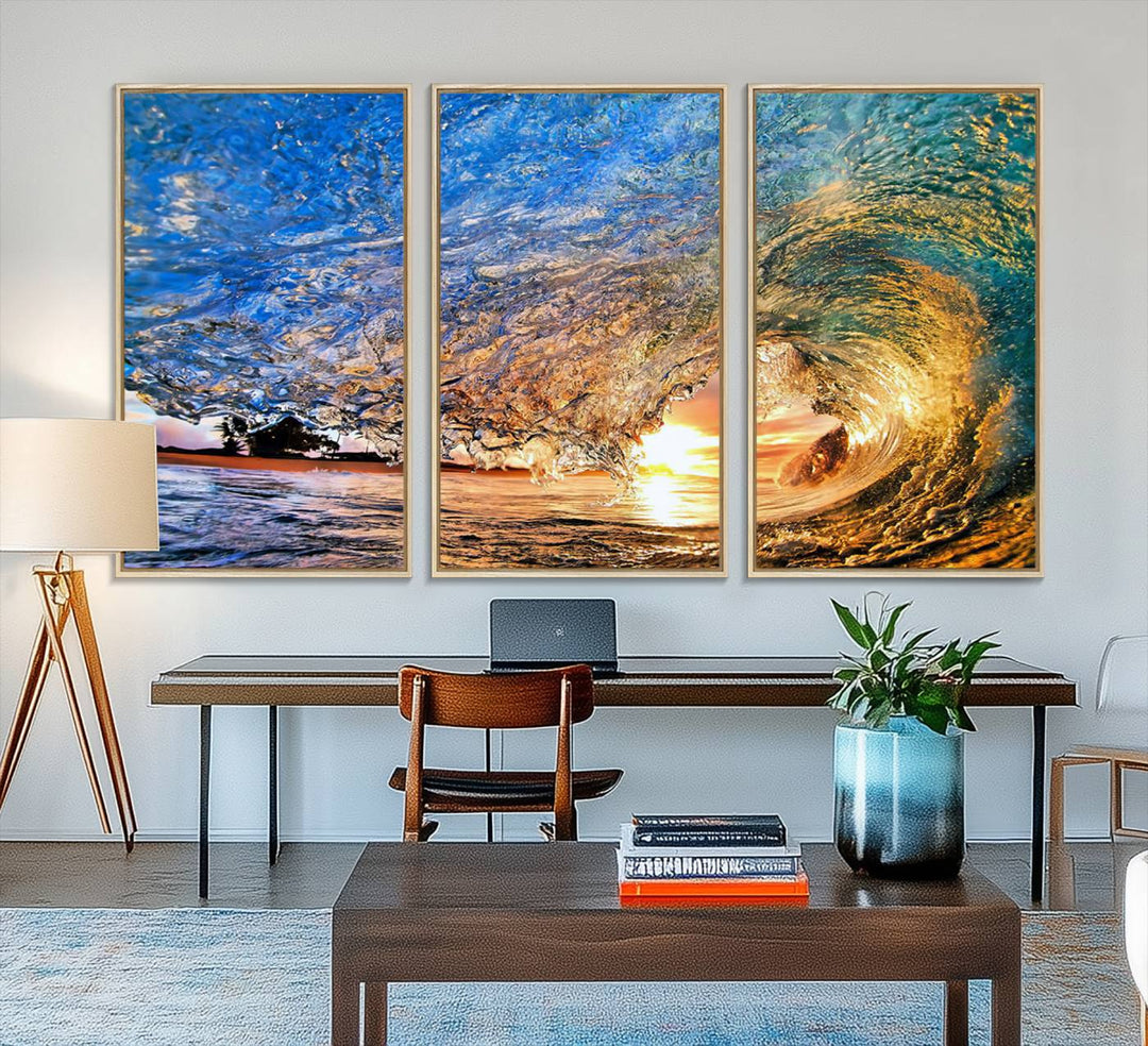 The Ocean Wave at Sunset Canvas Art captures vibrant coastal colors, perfect for nautical decor.