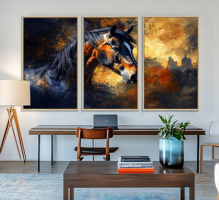 Abstract Horse Art Print on canvas, featuring a colorful background, perfect for rustic farmhouse or equestrian decor.