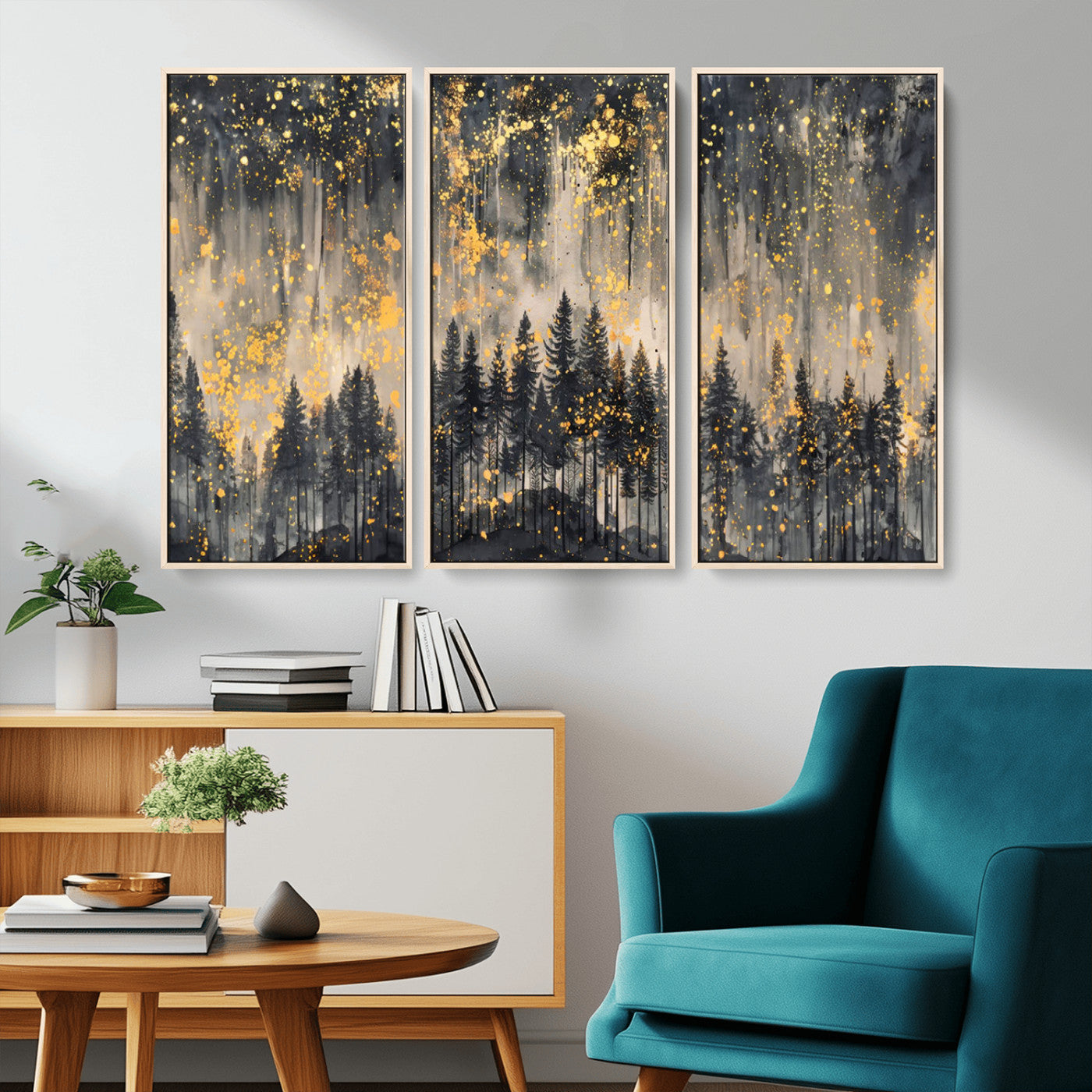 MGV-FC-48X32-3P - Golden Forest Abstract Wall Art | Dark Forest with Gold Splatter Accents | Triptych Ready to Hang