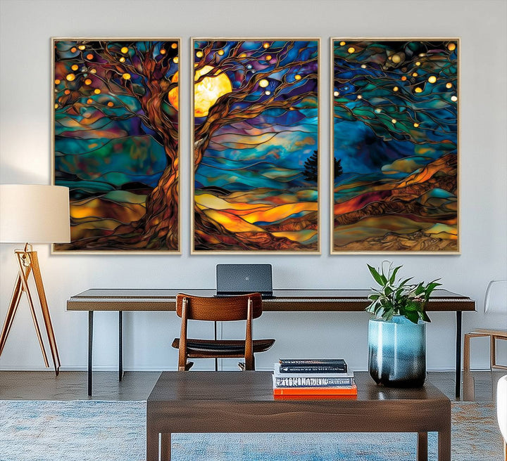 The vibrant Yggdrasil Tree of Life Wall Art depicts a moonlit tree.