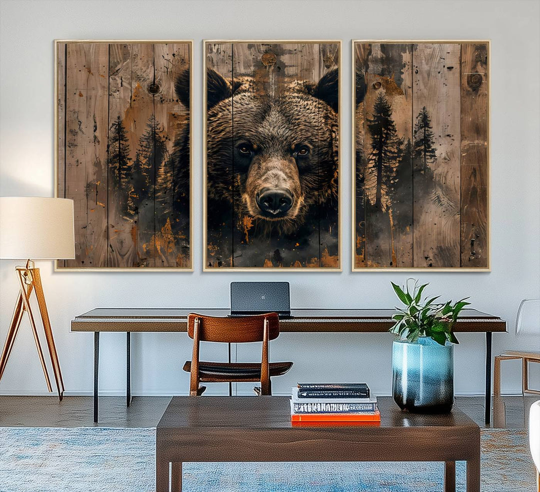 The bedroom showcases the Rustic Grizzly 399 Wall Art, a triptych canvas print that brings woodland charm to the space with its striking depiction of a bear. Elegantly displayed on a wooden wall, it enhances the rustic cabin feel.