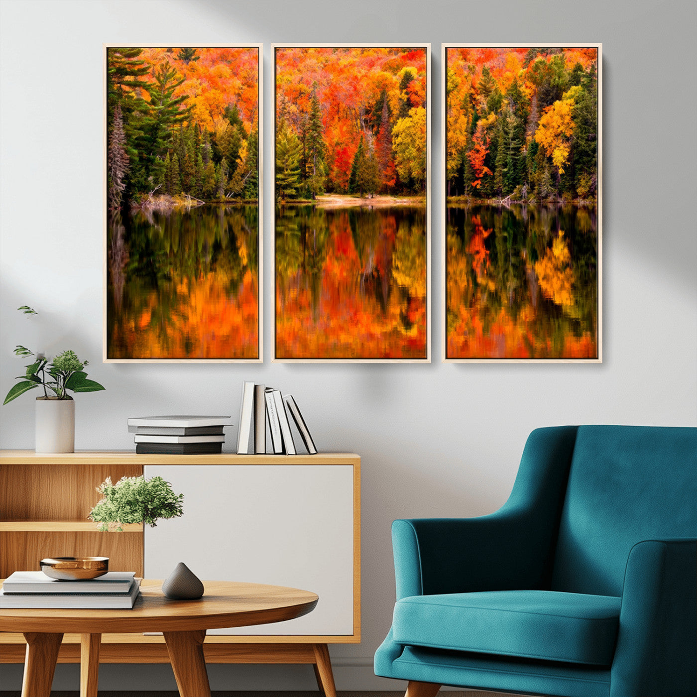 MGV-FC-48X32-3P - Forest Reflection Art | Autumn Forest Reflection Wall Art | Triptych Canvas Print | Vibrant Fall