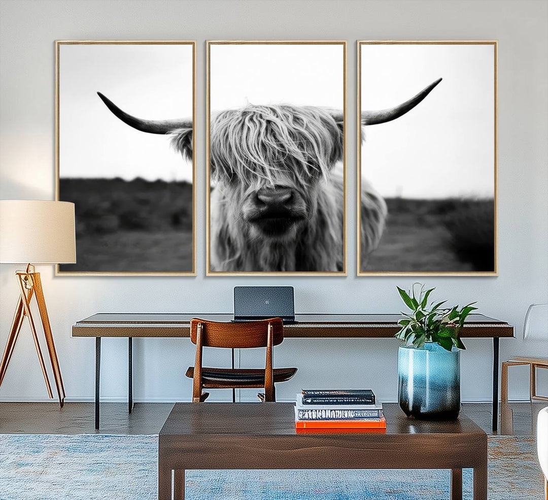 Highland Cow Wall Art: A black and white triptych canvas print, ideal for enhancing farmhouse or rustic barn decor.