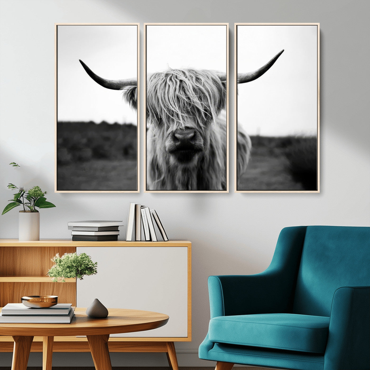 MGV-FC-48X32-3P - Highland Cow Wall Art | Black and White Farmhouse Decor | Triptych Canvas Print | Rustic Barn Decor
