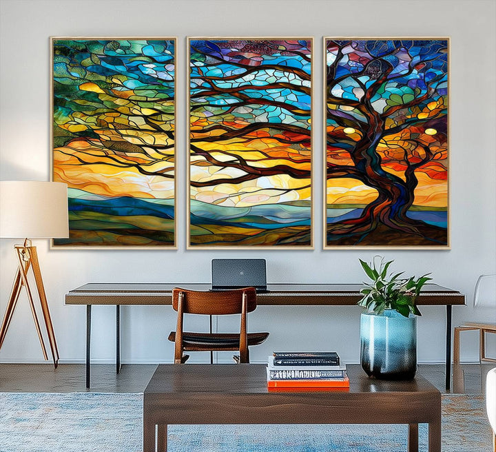 A vivid Tree of Life in stained glass style is depicted with twisted branches, a colorful sky, and hills on a ready-to-hang canvas.