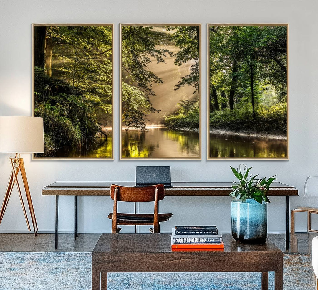 Forest Wall Art Print: A river landscape bathed in sunlight, perfect for rustic decor or as wall art for farmhouses and cabins.